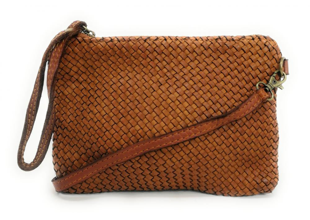Sac pochette en cuir tressé ALMA Cognac