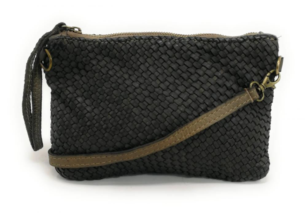 Sac pochette en cuir tressé ALMA Kaki