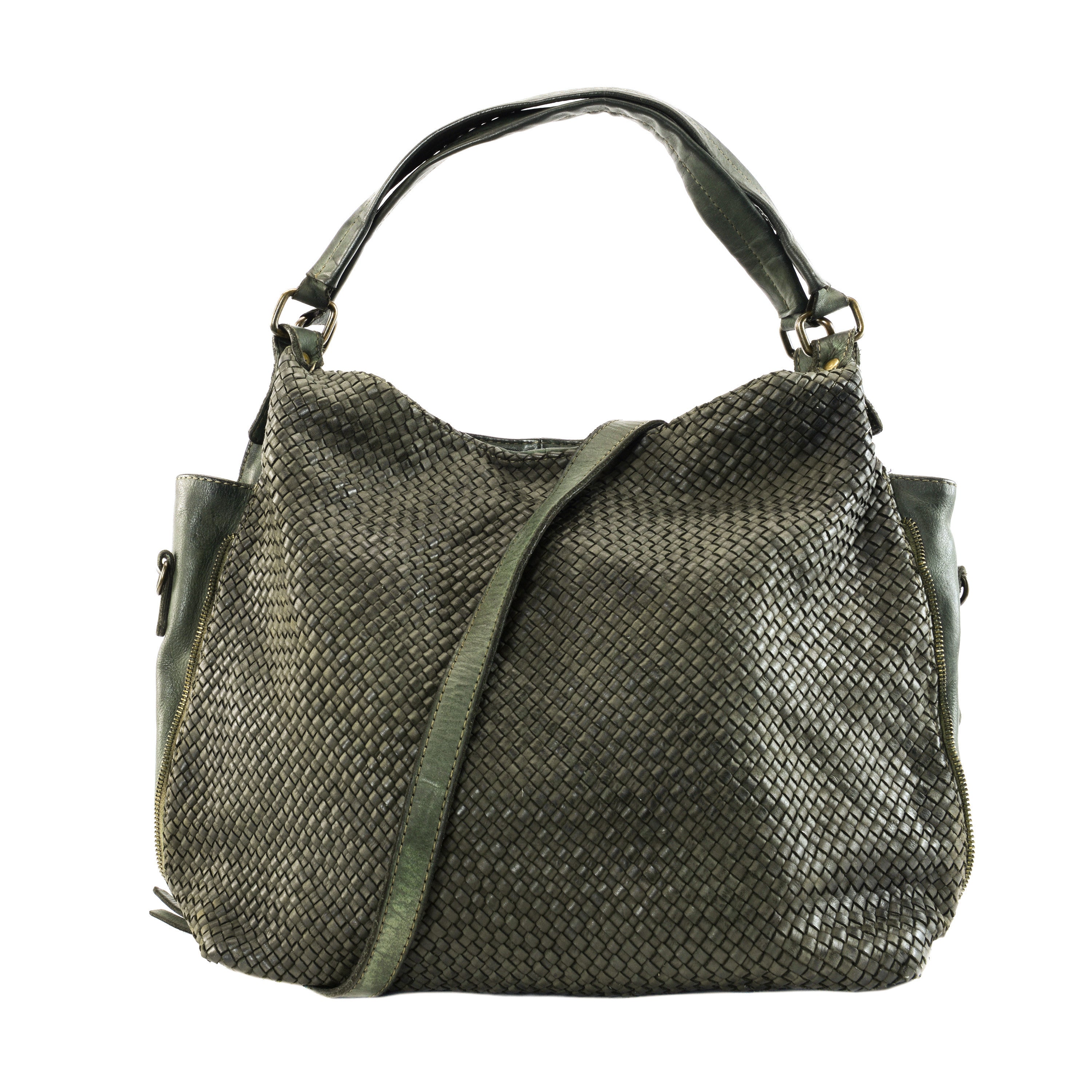 Sac à main en cuir vintage tressé BRISBANE Kaki