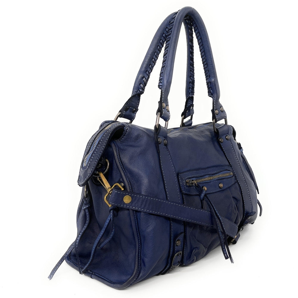 Sac à main en cuir vintage MISS STORM Bleu marine