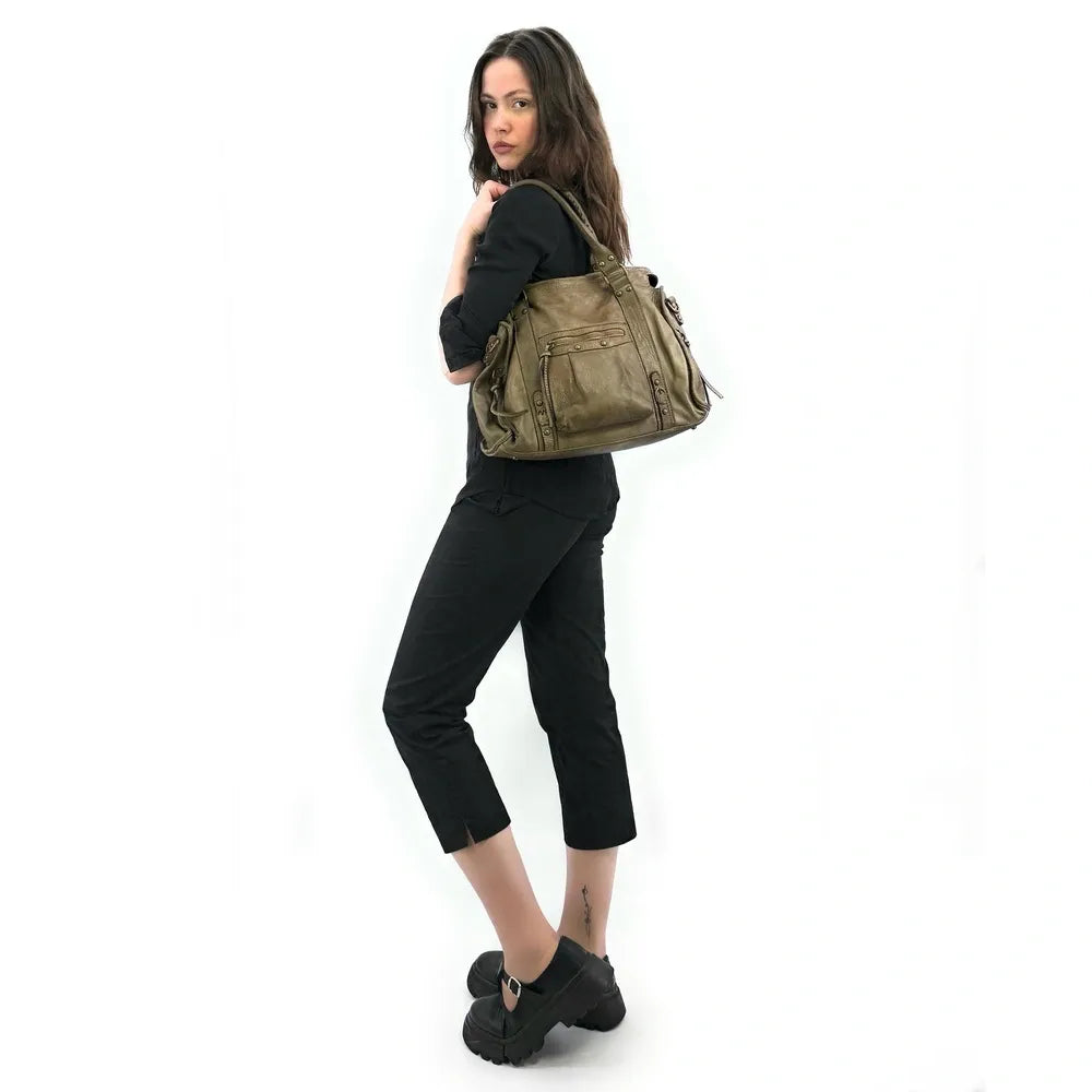 Sac à main en cuir vintage MISS STORM Taupe foncé