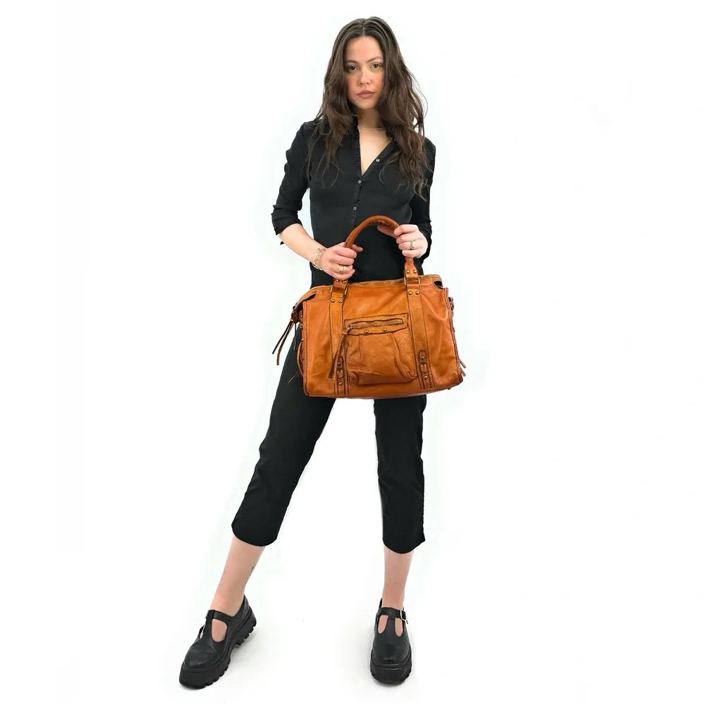 Sac à main en cuir vintage MISS STORM Camel clair