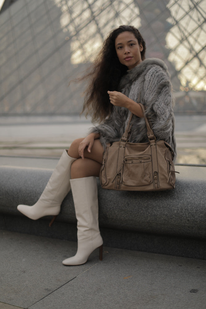 Sac à main en cuir vintage MISS STORM Taupe clair
