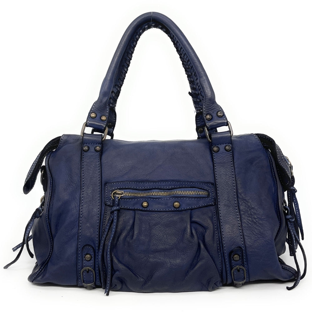 Sac à main en cuir vintage MISS STORM Bleu marine