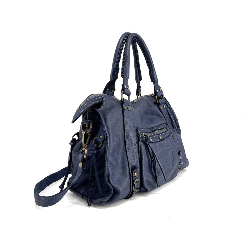 Sac à main en cuir vintage MISS STORM Bleu profond