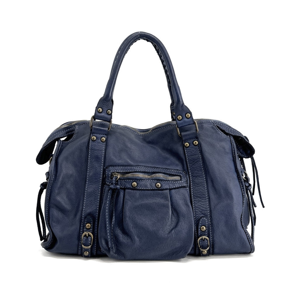 Sac à main en cuir vintage MISS STORM Bleu profond