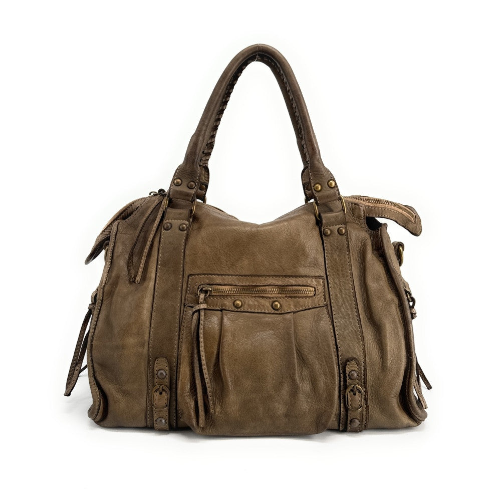 Sac à main en cuir vintage MISS STORM Taupe foncé