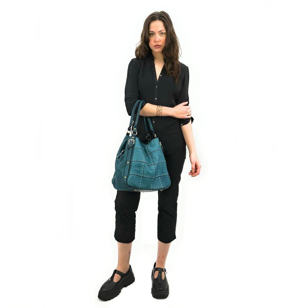 Sac à main en cuir vintage SHELLEY Bleu vert canard