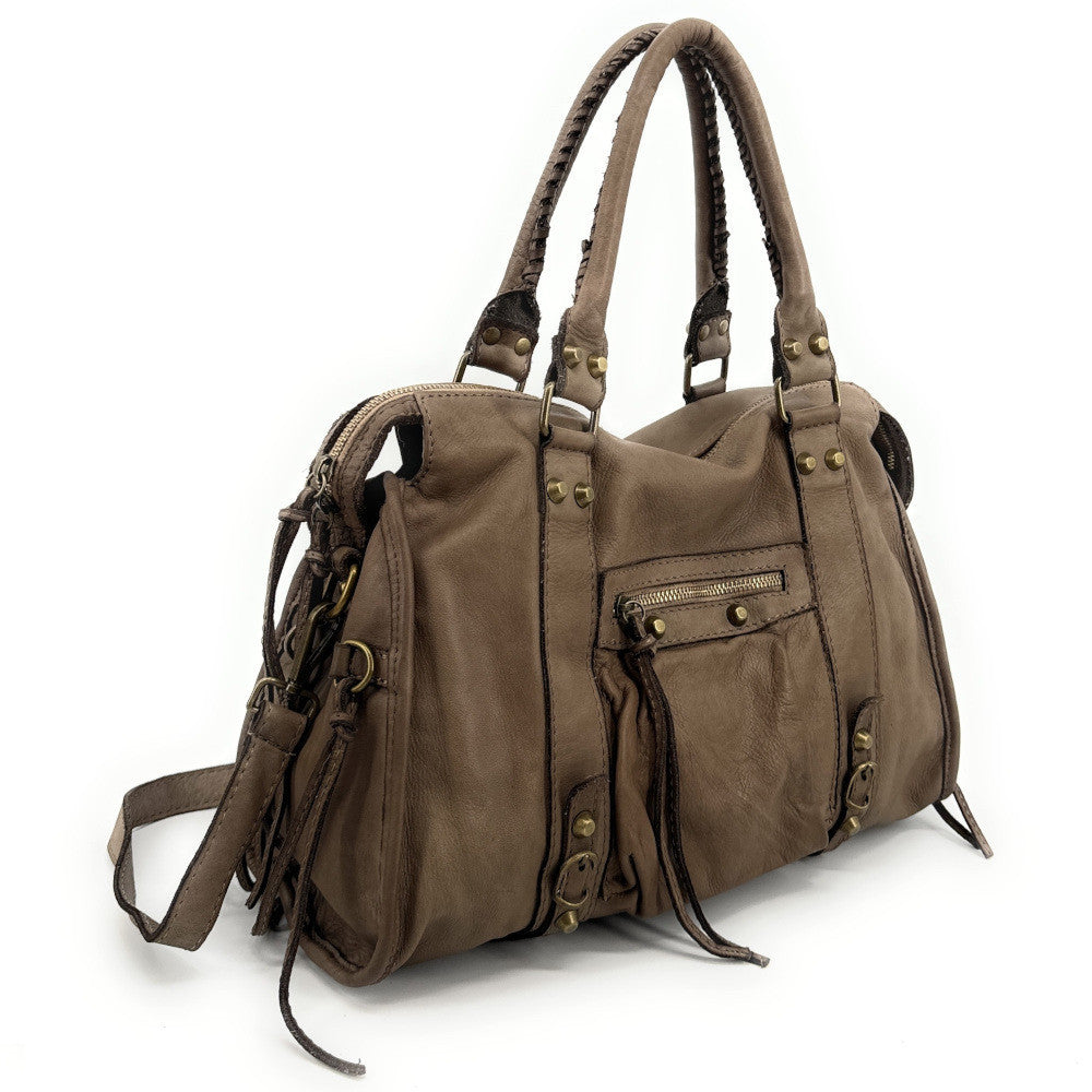 Sac à main porté épaule en cuir vintage STORM ROCK Tabac brun