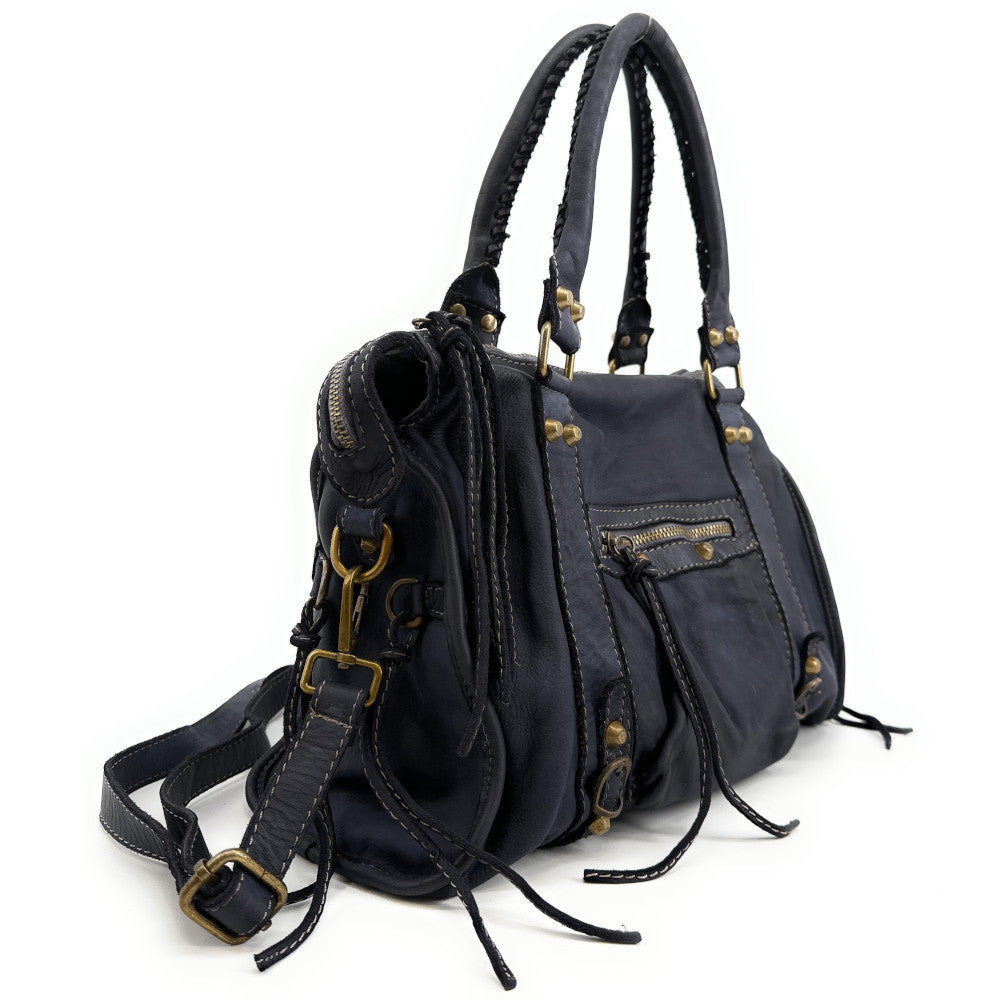 Sac à main porté épaule en cuir vintage STORM ROCK Midnight blue