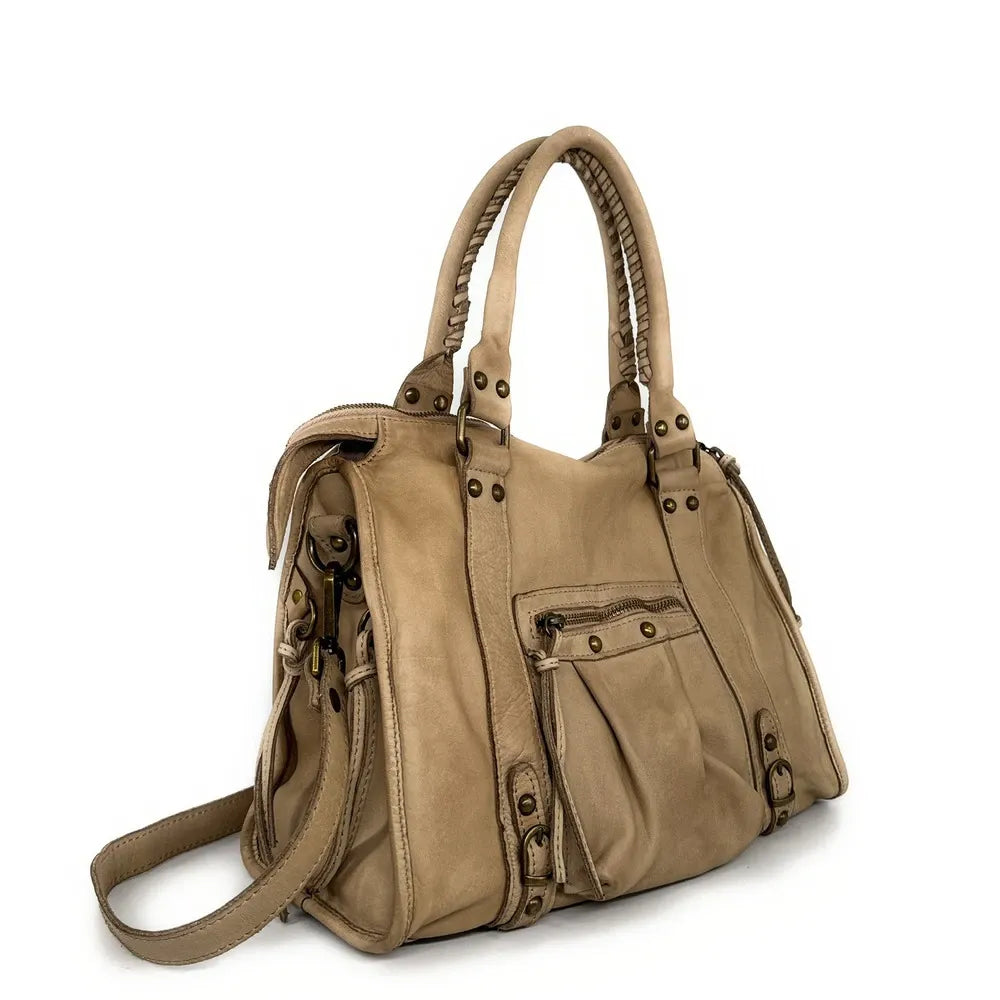 Sac à main en cuir vintage STORM URBAN 13 Taupe clair