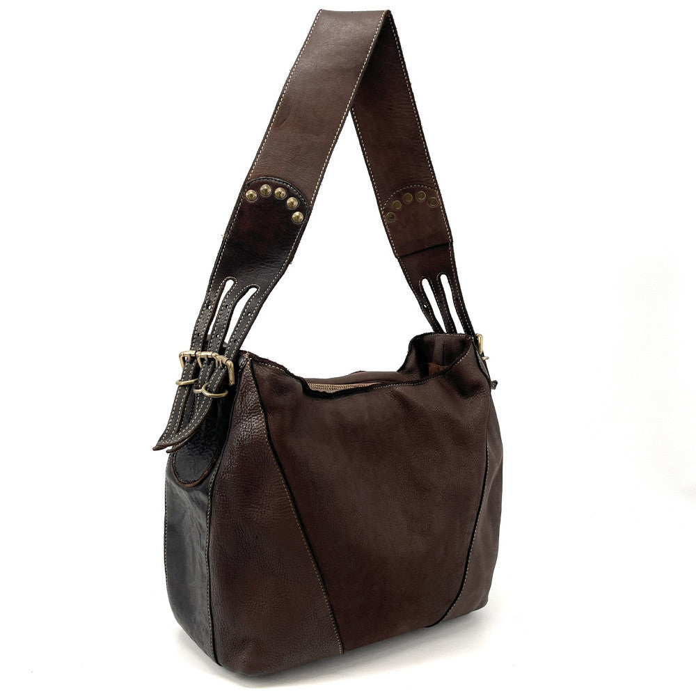 Sac à main hobo en cuir souple vintage tannage végétal RHEA Chocolat
