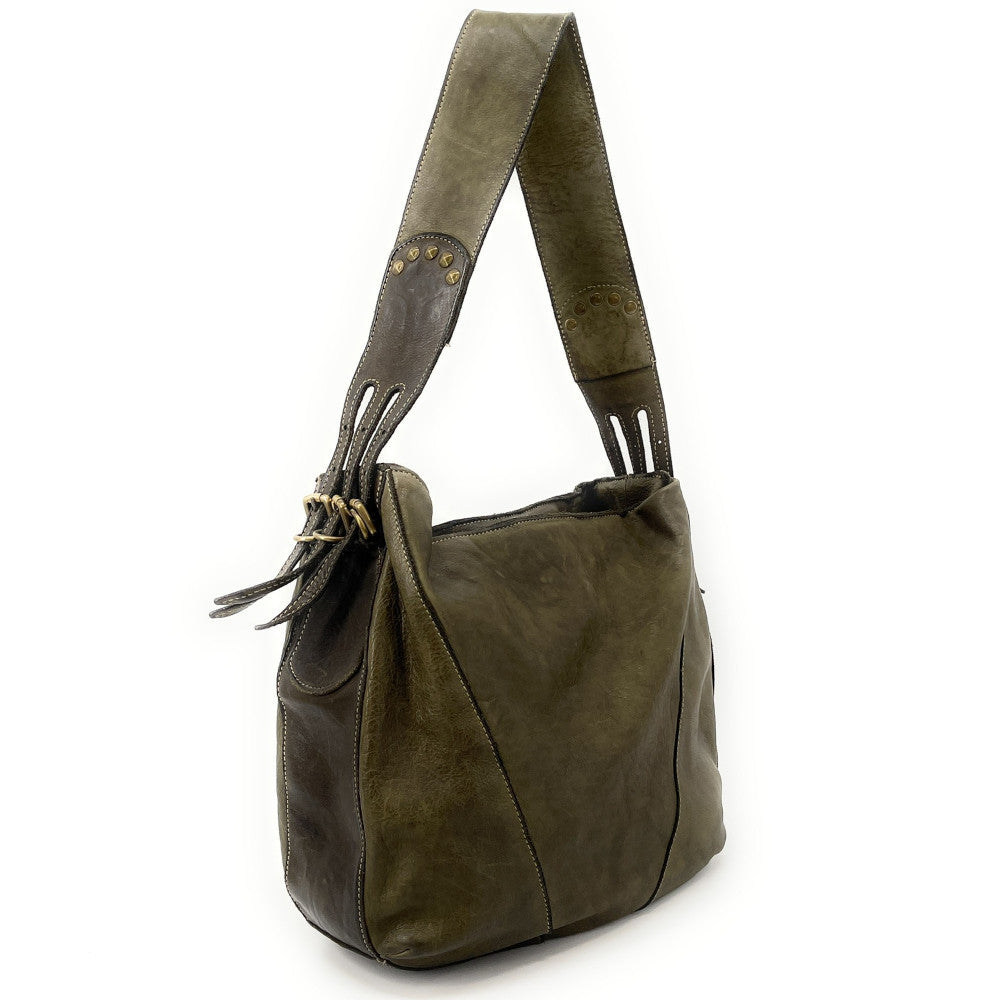 Sac à main hobo en cuir souple vintage tannage végétal RHEA Kaki