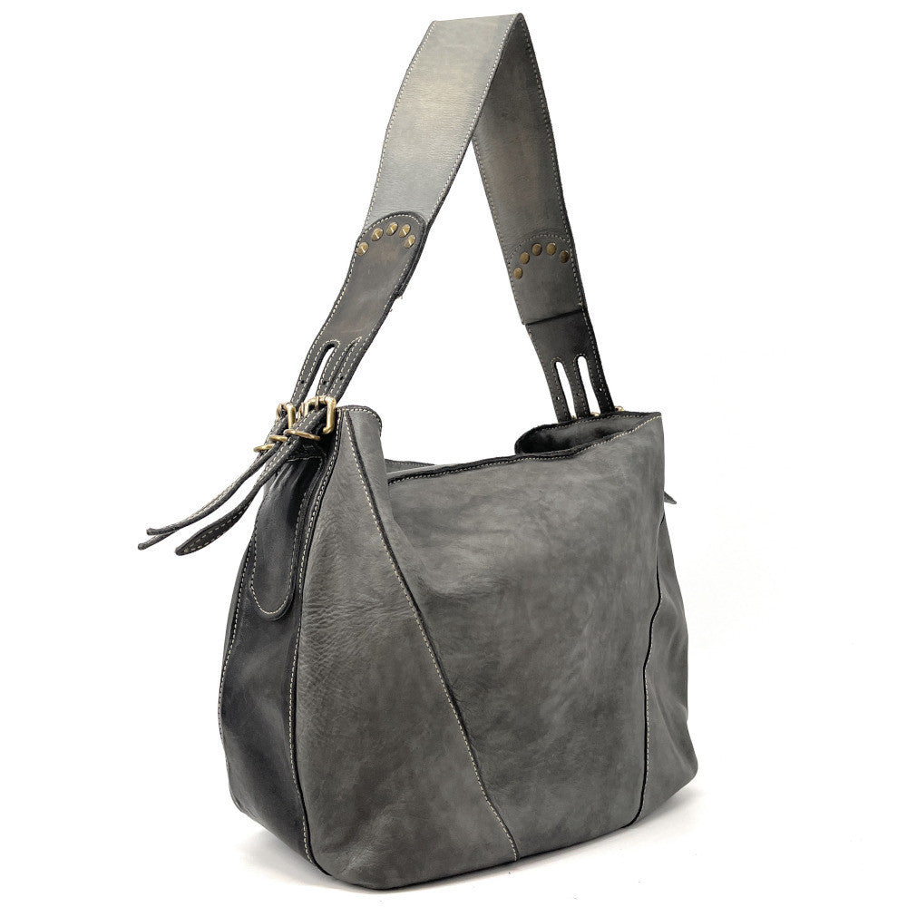 Sac à main hobo en cuir souple vintage tannage végétal RHEA Gris pigeon