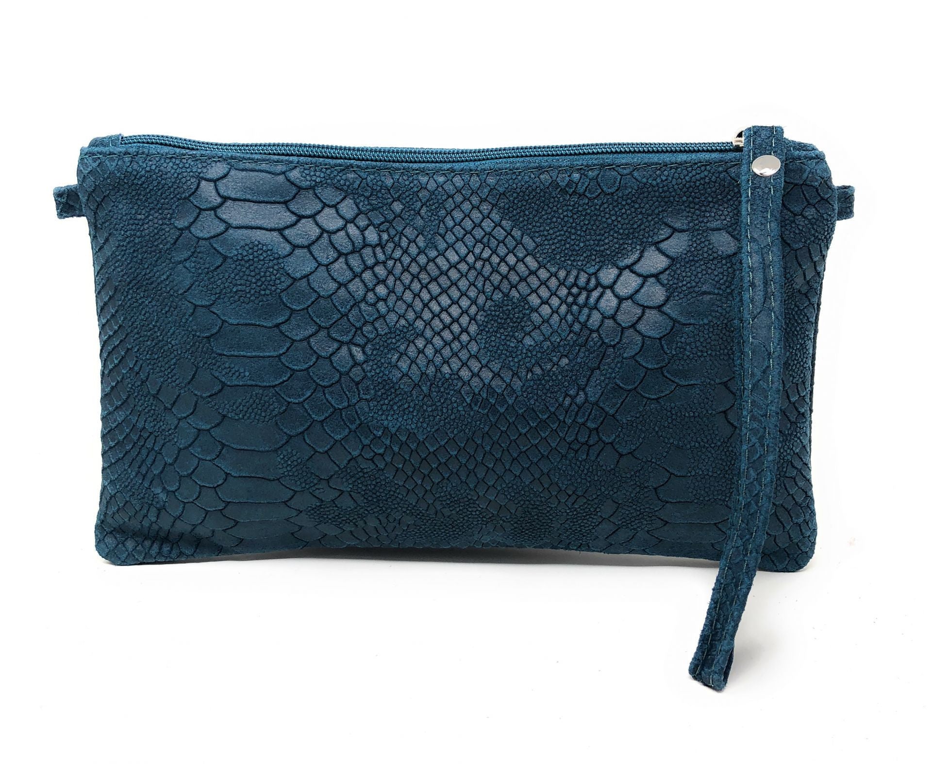 Sac pochette en cuir effet serpent DUNDEE Bleu vert canard