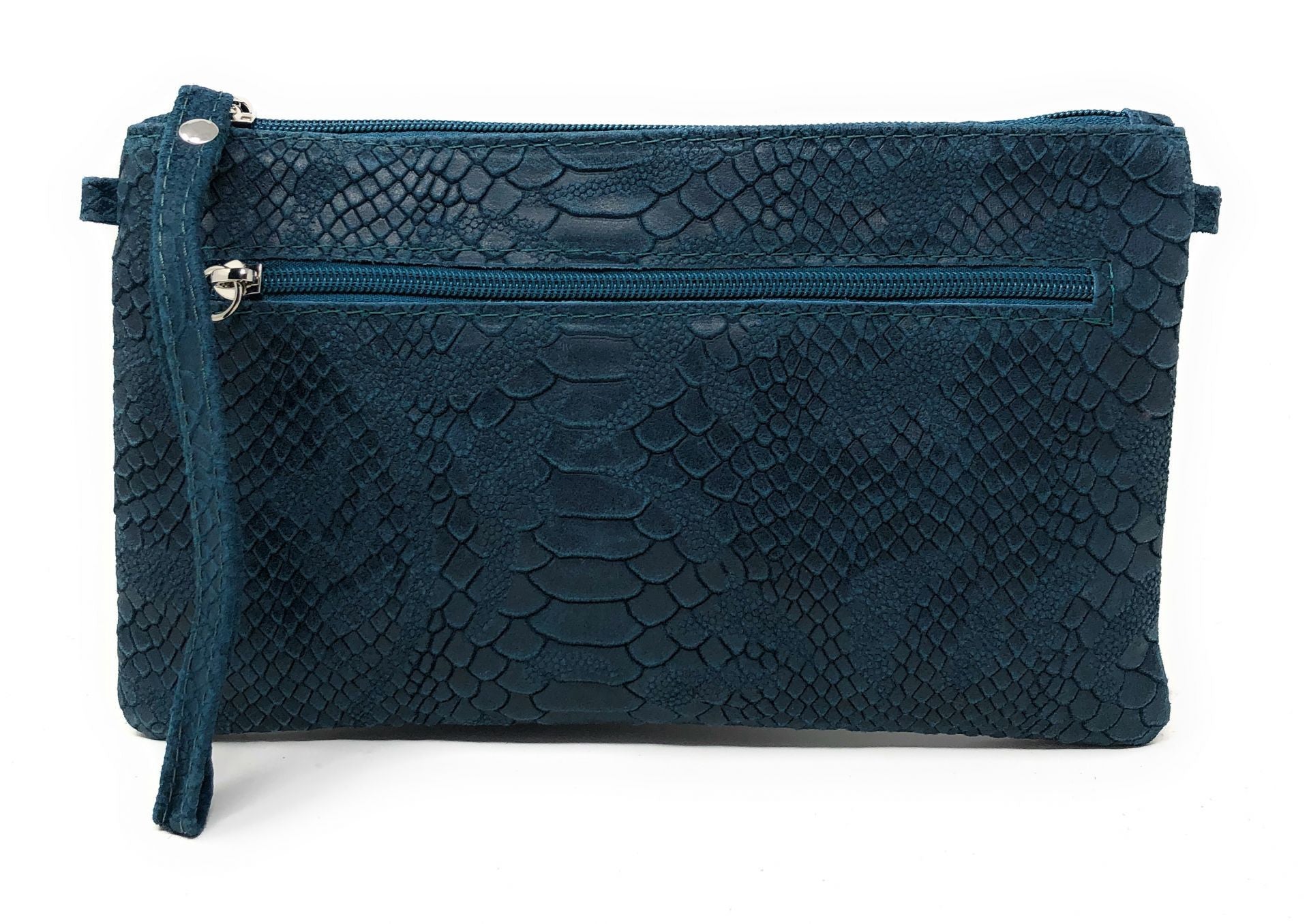 Sac pochette en cuir effet serpent DUNDEE Bleu vert canard