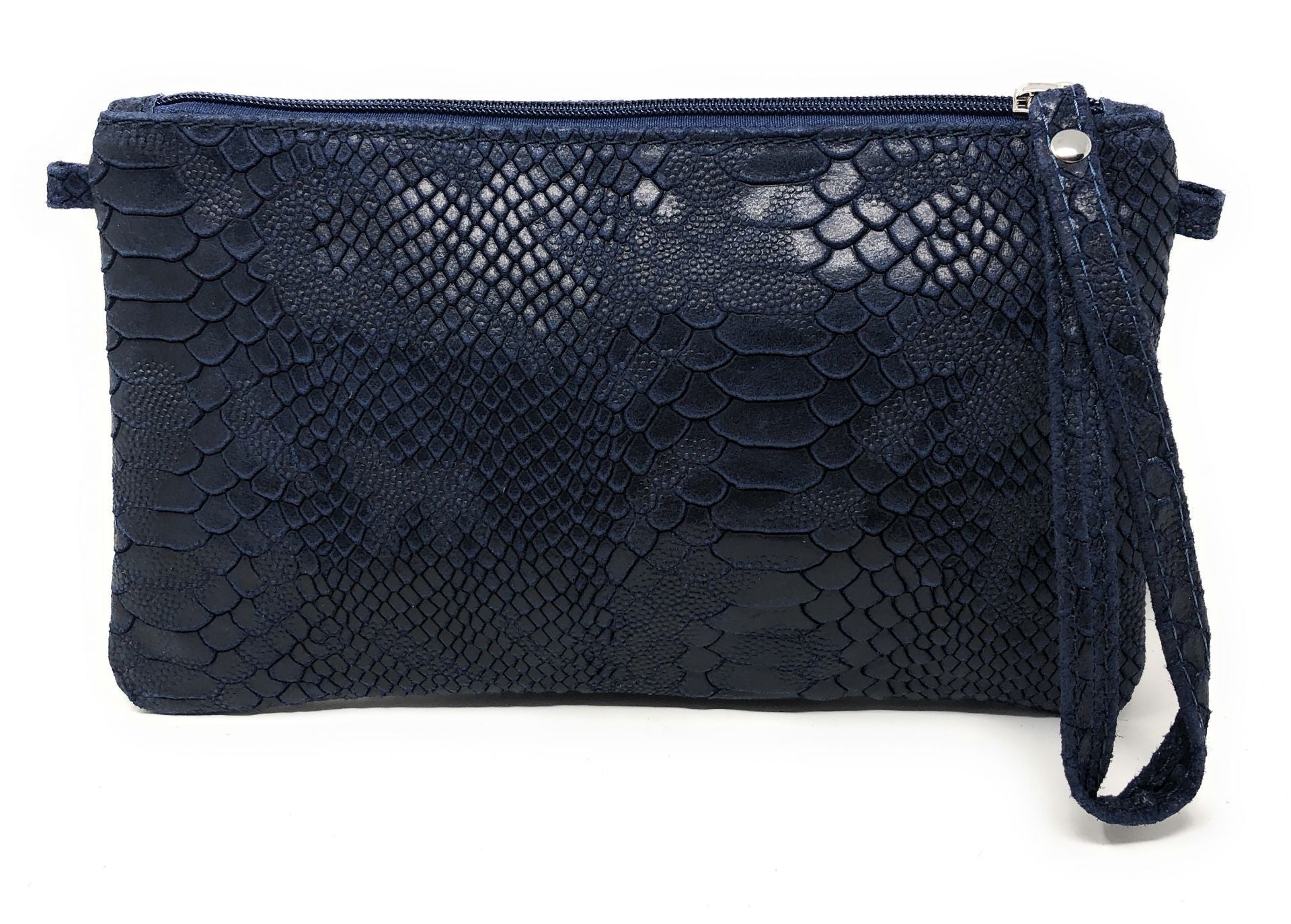 Sac pochette en cuir effet serpent DUNDEE Bleu marine