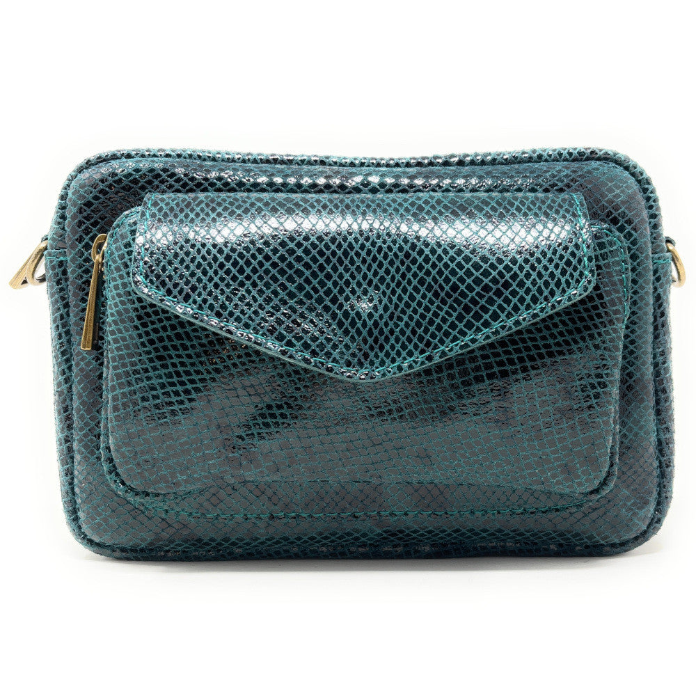 Sac à main trotteur en cuir embossé verni OURASI Bleu vert canard