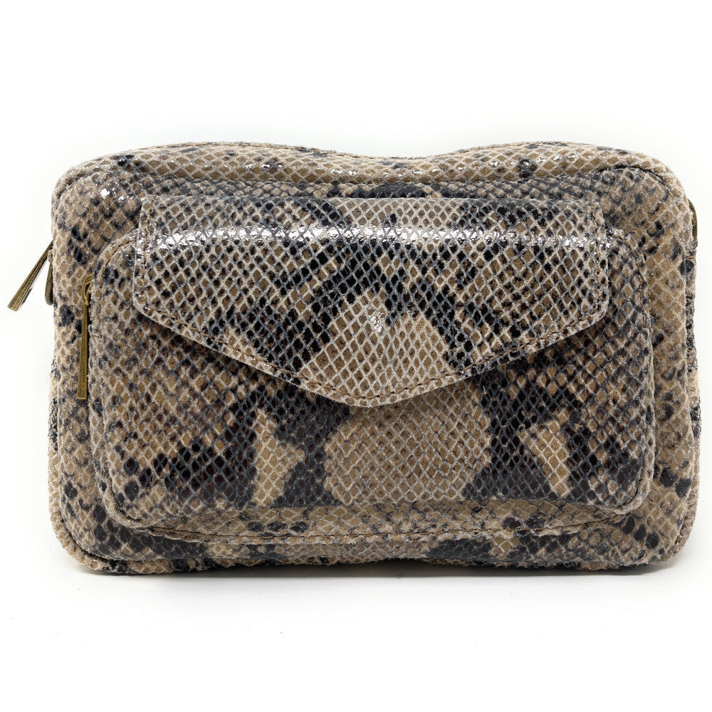 Sac à main trotteur en cuir embossé verni OURASI Serpent taupe clair
