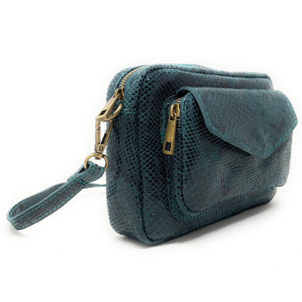 Sac à main trotteur en cuir embossé verni OURASI Bleu vert canard