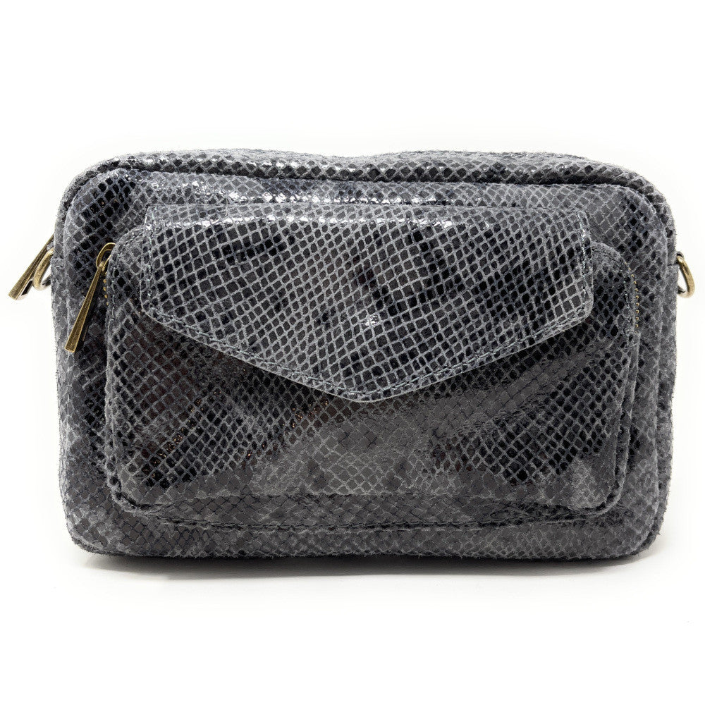 Sac à main trotteur en cuir embossé verni OURASI Serpent gris foncé