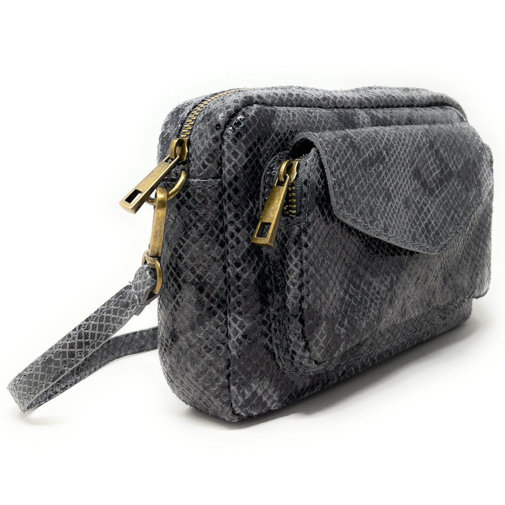 Sac à main trotteur en cuir embossé verni OURASI Serpent gris foncé