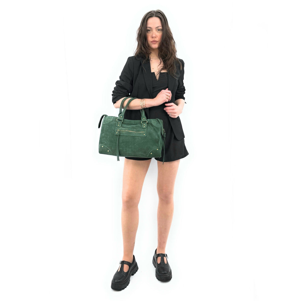 Grand sac french stick en croûte de cuir EDISON Vert forêt