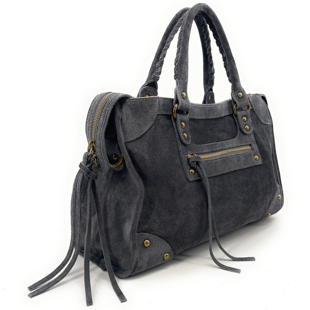 Grand sac french stick en croûte de cuir EDISON Gris foncé