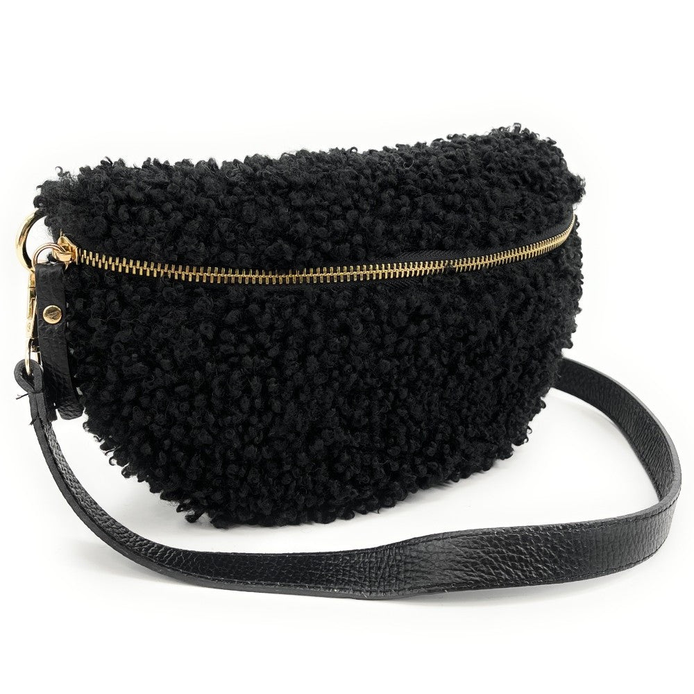 Sac banane en cuir et peluche LOU PILOU Noir