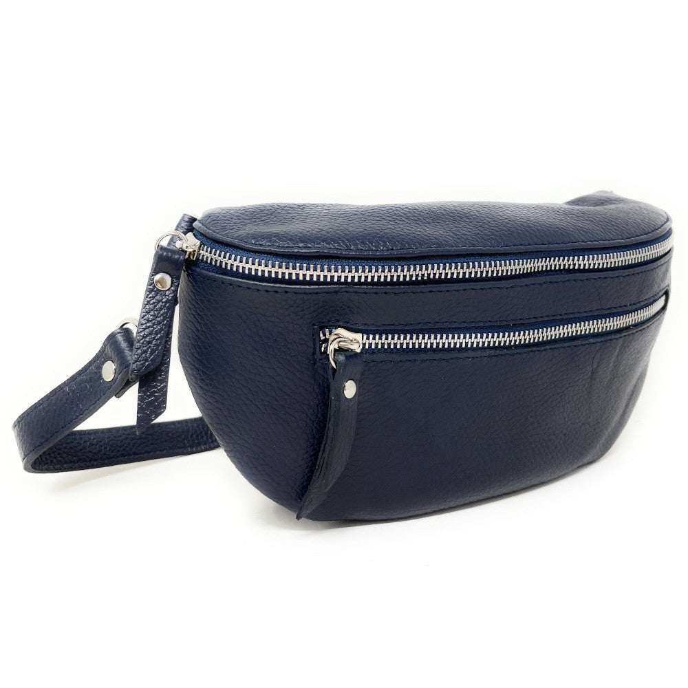 Sac banane en cuir grainé LOU-ANN Bleu marine