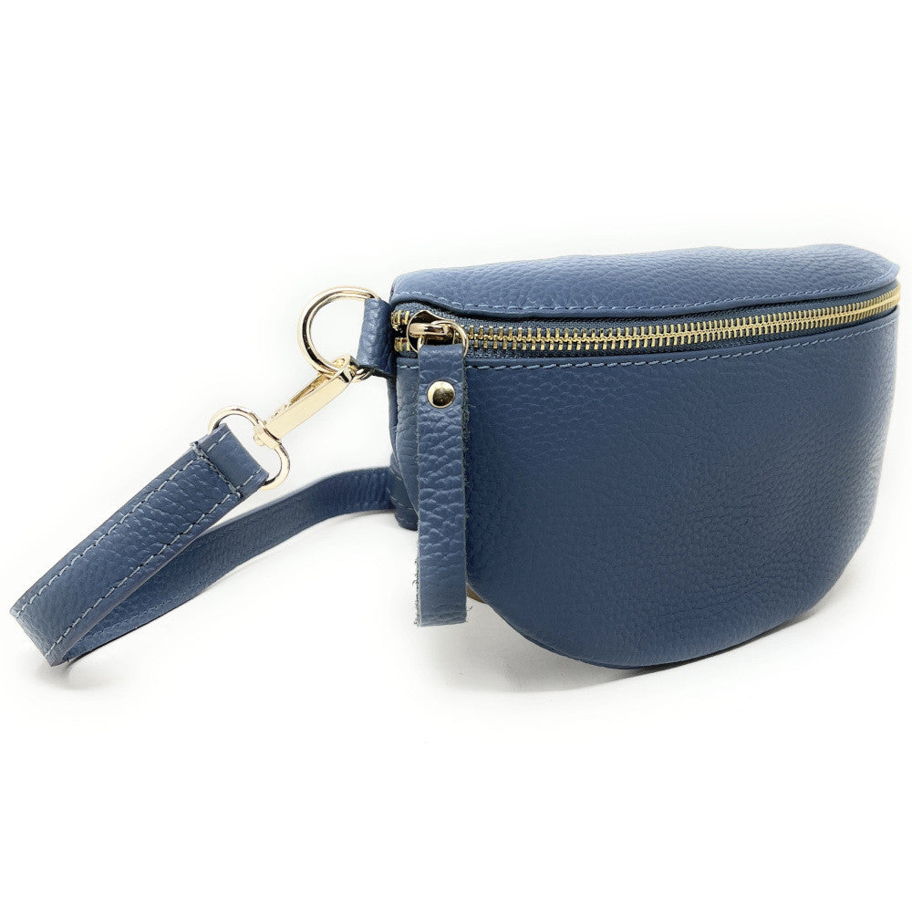 Sac banane en cuir grainé LOU-DO métal doré Bleu glacier