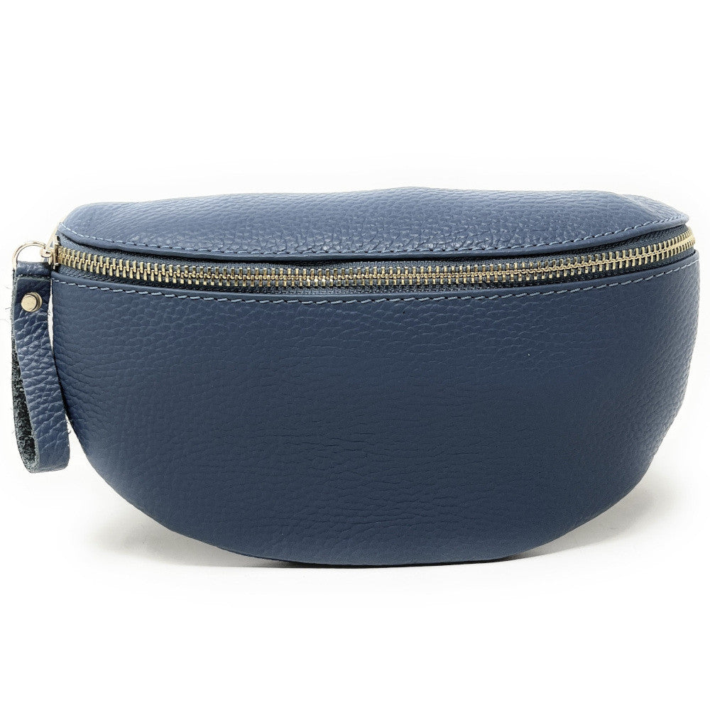 Sac banane en cuir grainé LOU-DO métal doré Bleu glacier