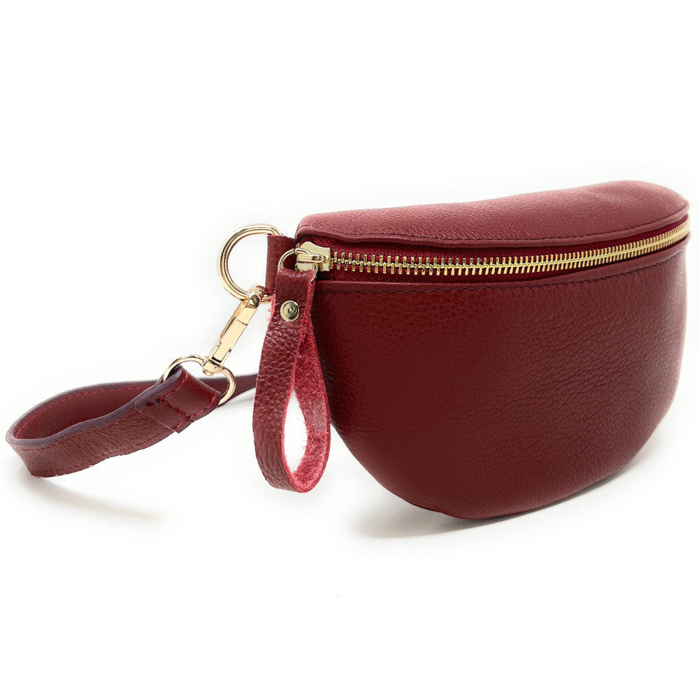 Sac banane en cuir grainé LOU-DO métal doré Rouge bordeaux