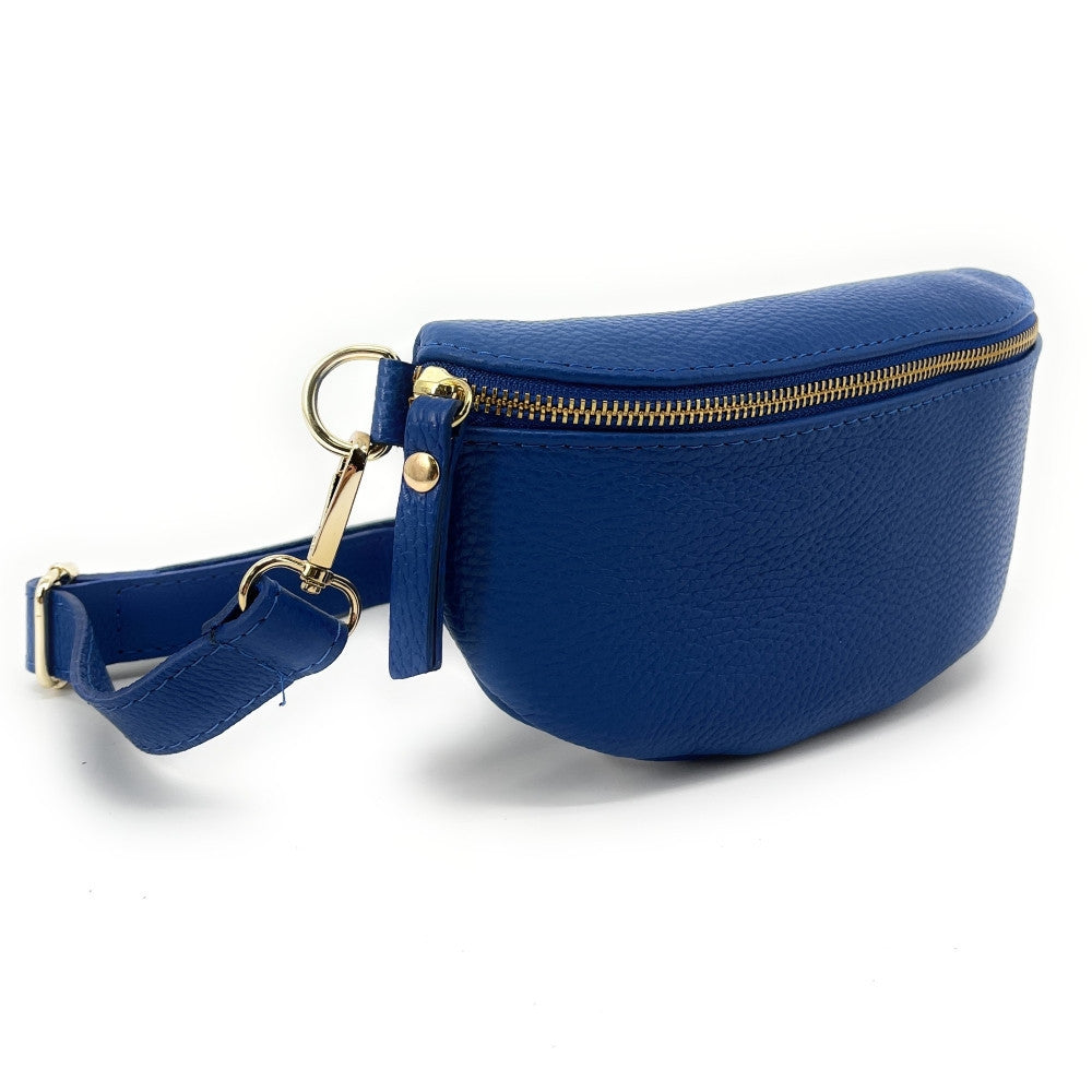 Sac banane en cuir grainé LOU-DO métal doré Bleu roi