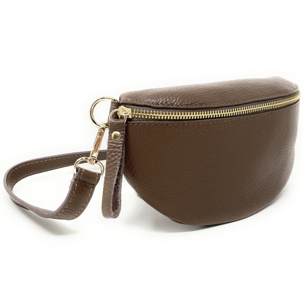 Sac banane en cuir grainé LOU-DO métal doré Taupe foncé