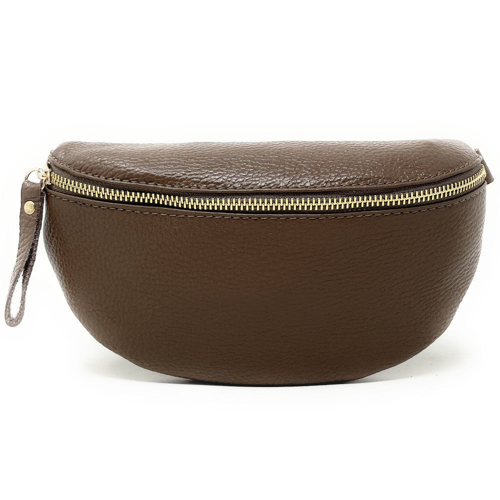 Sac banane en cuir grainé LOU-DO métal doré Taupe foncé