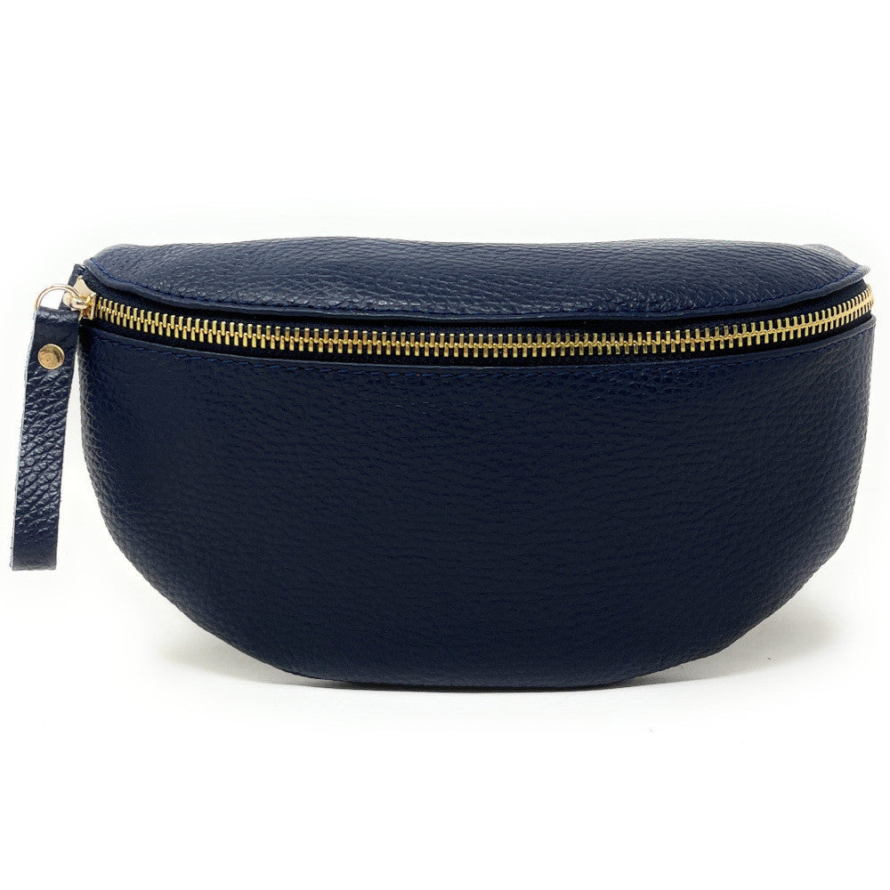 Sac banane en cuir grainé LOU-DO métal doré Bleu marine