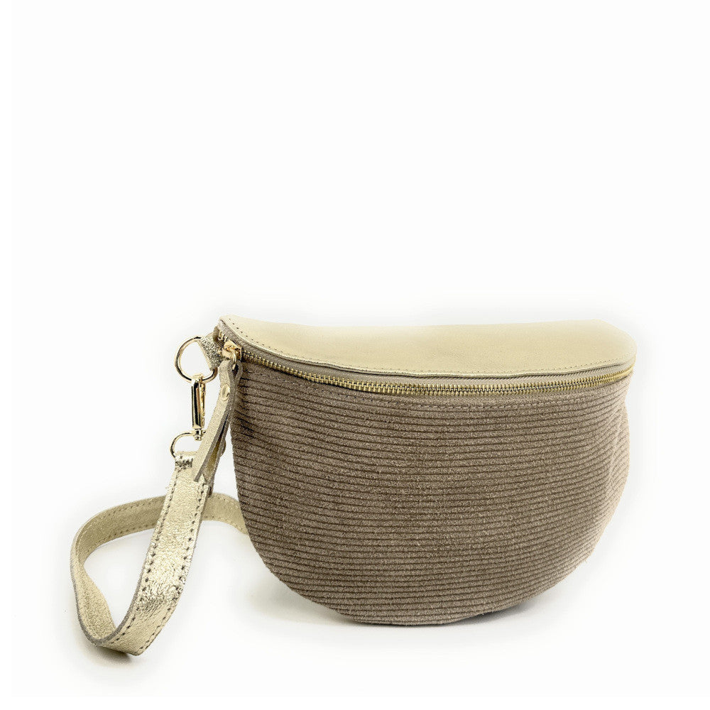 Sac banane en cuir irisé et croûte de cuir LOUNA VELOURS Taupe clair