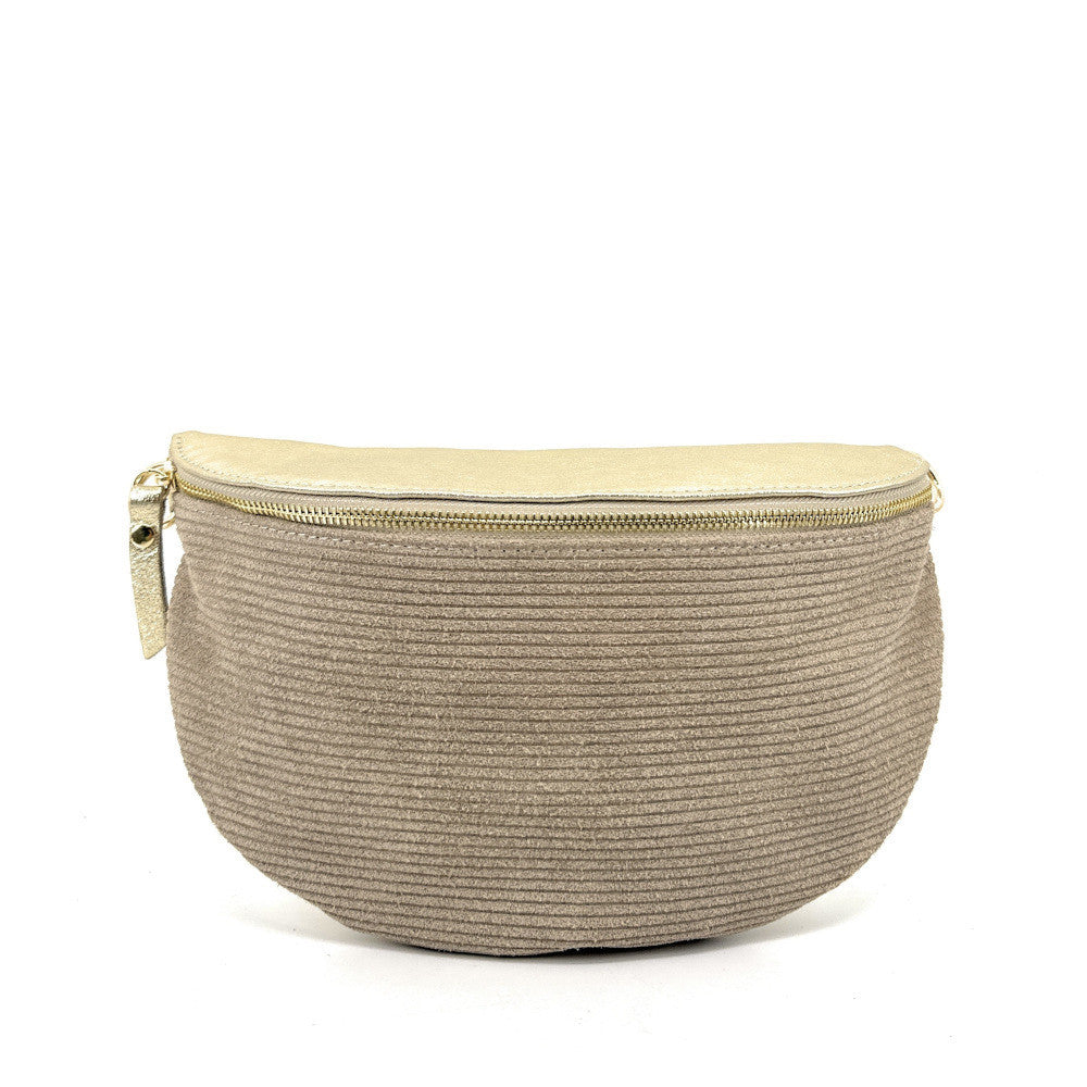 Sac banane en cuir irisé et croûte de cuir LOUNA VELOURS Taupe clair