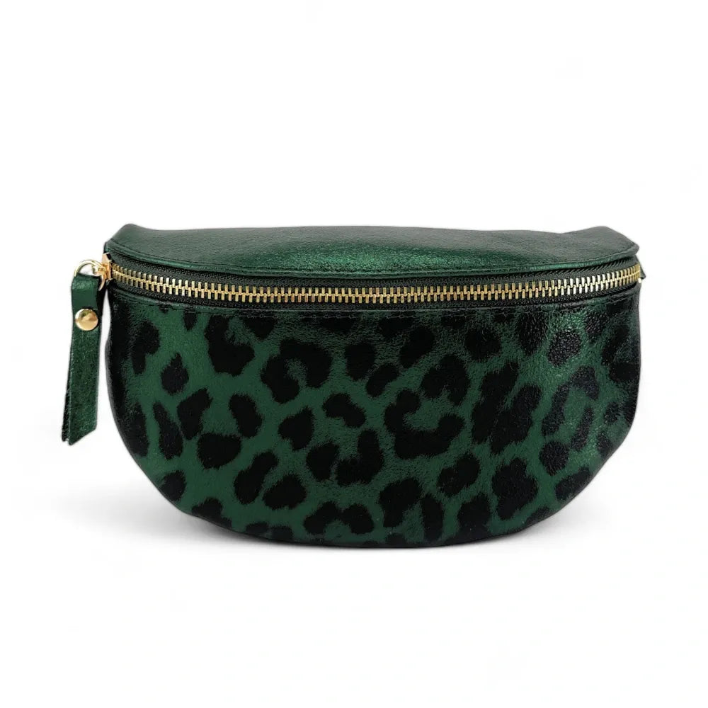 Sac banane en cuir irisé LOU-DO JUNGLE Léopard vert forêt irisé