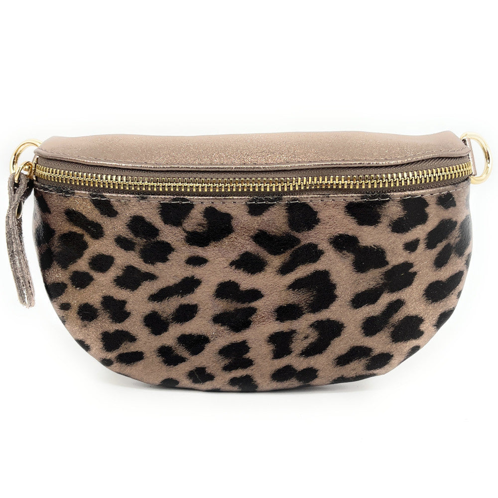 Sac banane en cuir irisé LOU-DO JUNGLE Léopard champagne