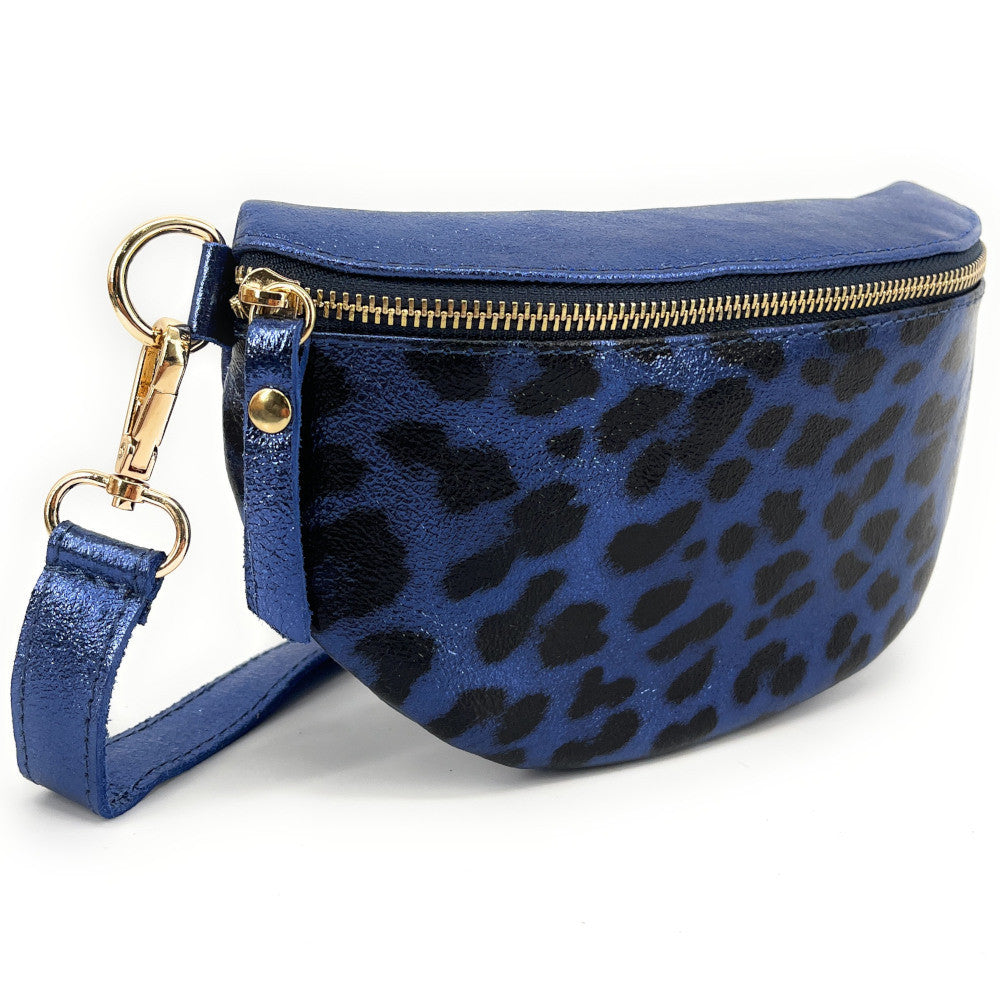 Sac banane en cuir irisé LOU-DO JUNGLE Léopard bleu profond