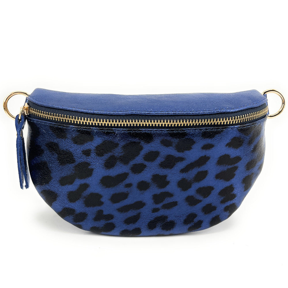 Sac banane en cuir irisé LOU-DO JUNGLE Léopard bleu profond