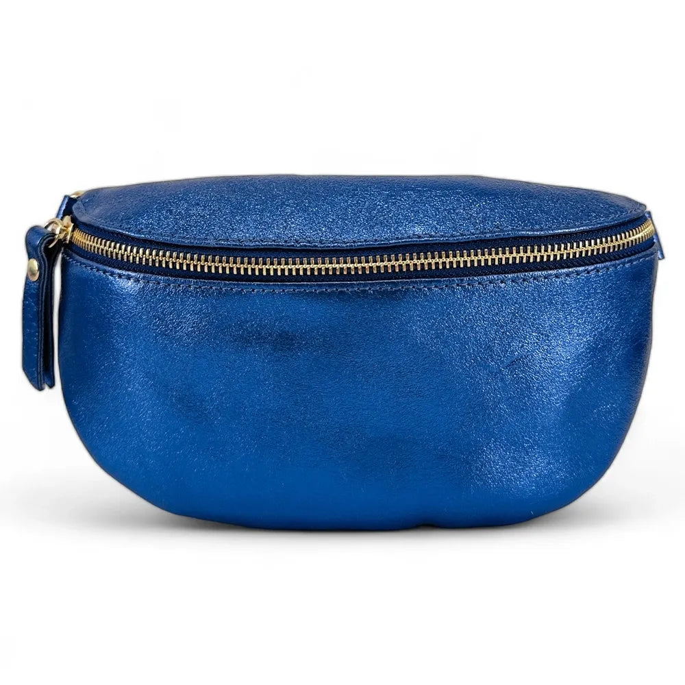 Sac banane en cuir irisé LOU-DO métal doré Bleu roi irisé