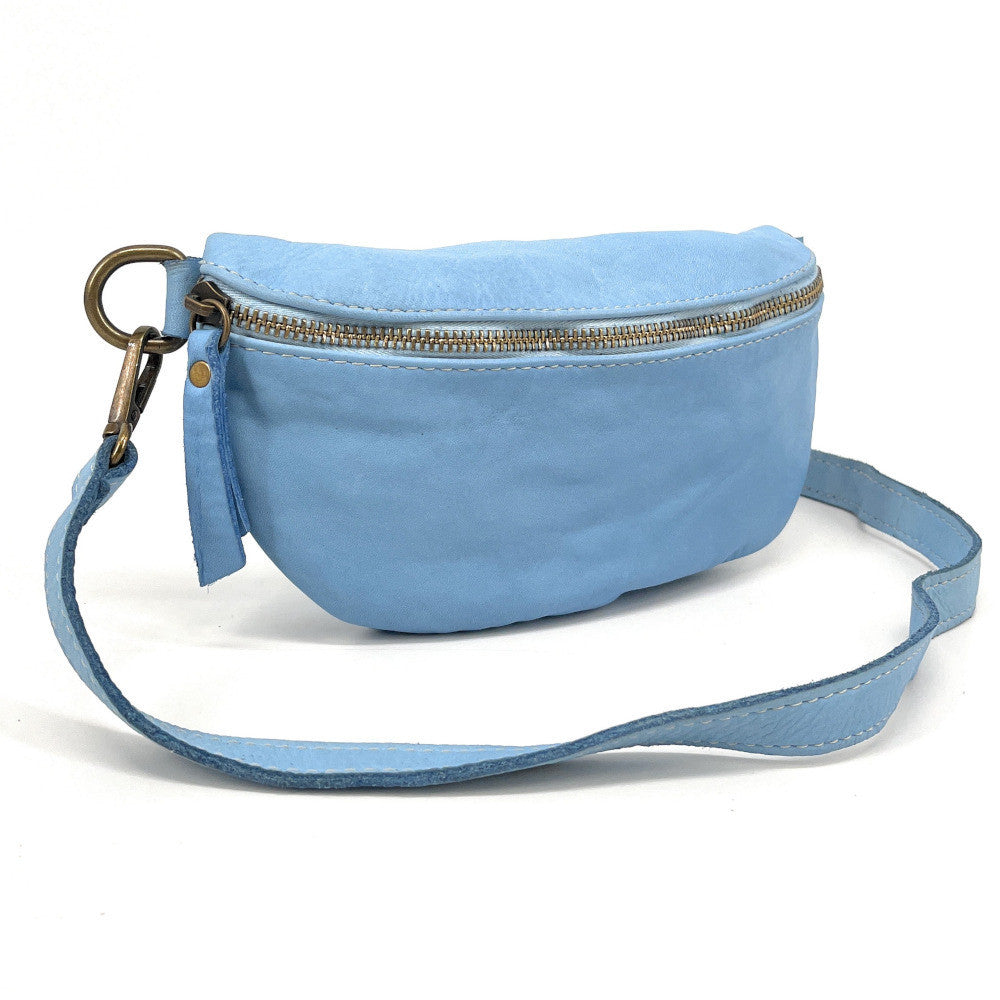 Sac banane en cuir vintage MISS LOU Bleu pastel