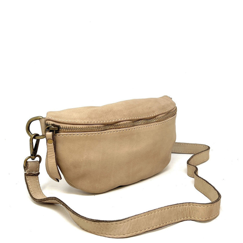 Sac banane en cuir vintage MISS LOU Taupe clair