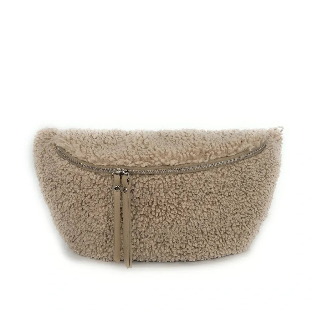 Sac banane géant en cuir et peluche LOU PILOU XXL Taupe