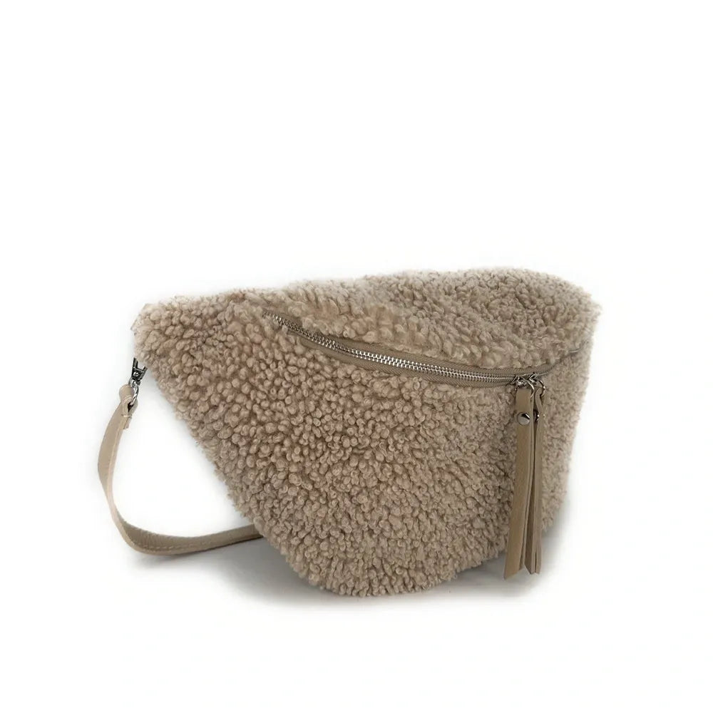 Sac banane géant en cuir et peluche LOU PILOU XXL Taupe