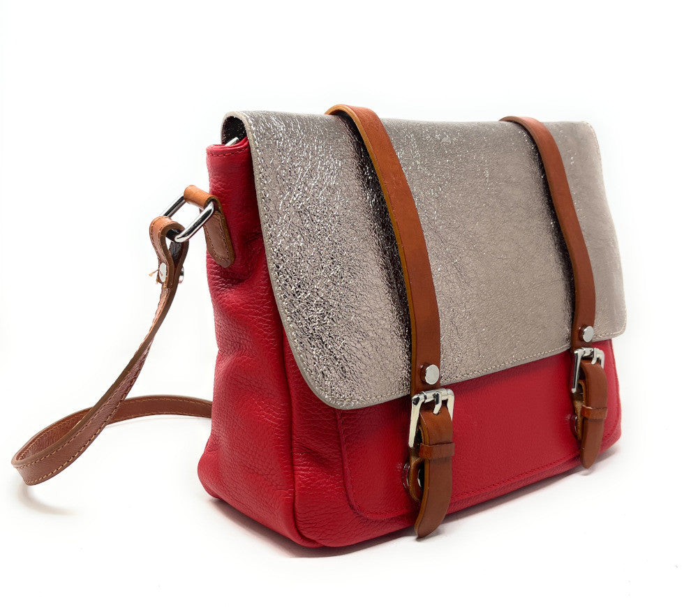 Sac bandoulière en cuir grainé et irisé BONIFACIO Rouge garance