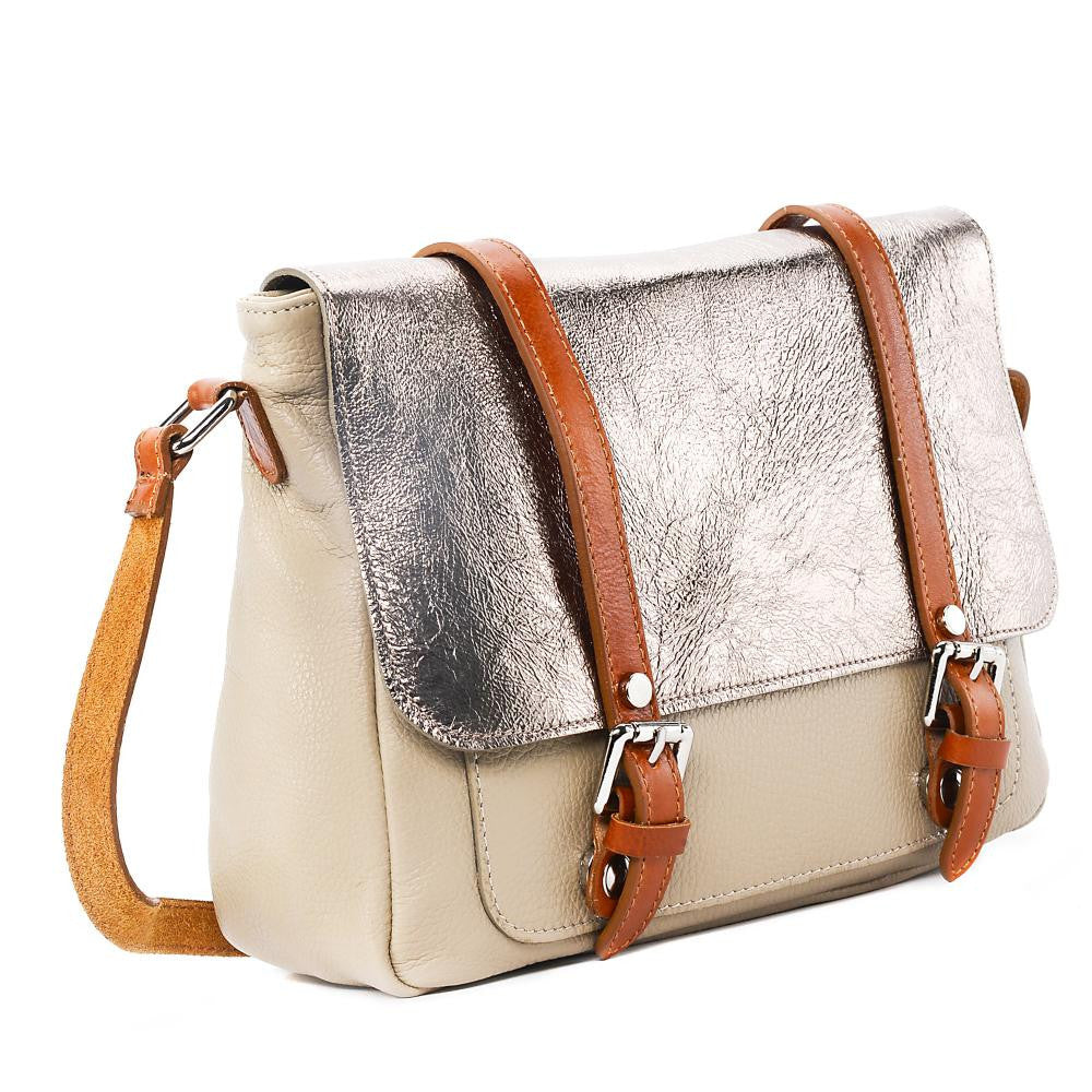 Sac bandoulière en cuir grainé et irisé BONIFACIO Taupe clair